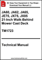 Technical manual cover for 21-inch walk-behind mower cast deck with model numbers and publication details.
