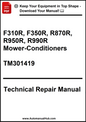Technical repair manual for mower-conditioners with model numbers F310R, F350R, R870R, R950R, R990R on a white background.