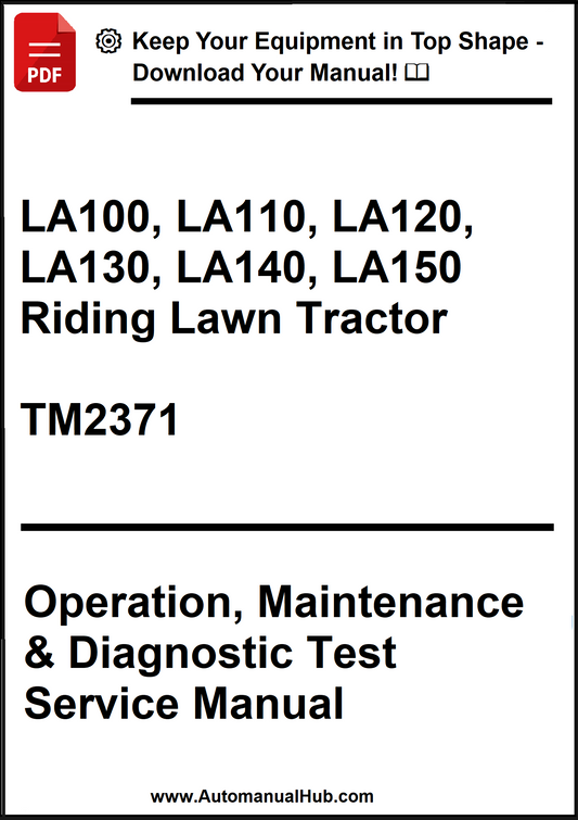 Manual cover for LA100 to LA150 riding lawn tractor with text about operation, maintenance, and diagnostic test service.