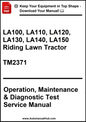 Manual cover for LA100 to LA150 riding lawn tractor with text about operation, maintenance, and diagnostic test service.