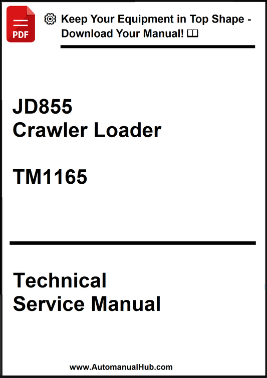 Technical service manual for JD855 Crawler Loader with a download prompt on a white background.