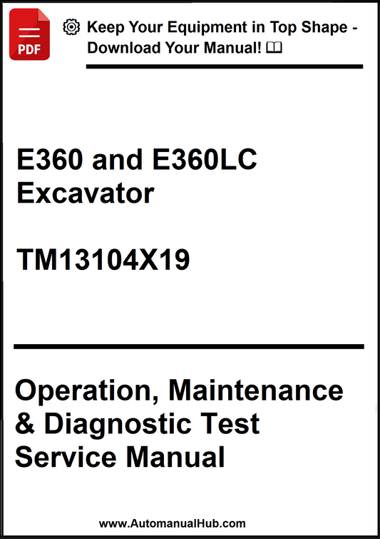 Manual cover for E360 and E360LC Excavator operation, maintenance, and diagnostic test service manual.