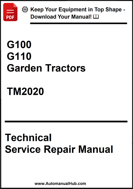 Technical Service Repair Manual for G100 and G110 Garden Tractors with model number TM2020 on a white background.