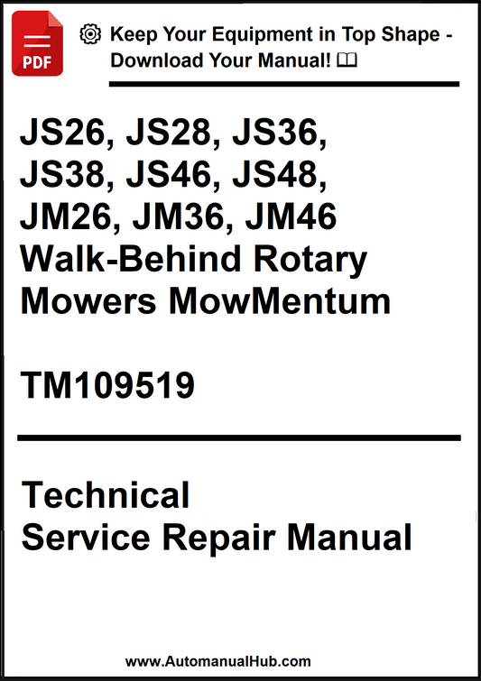 Technical service repair manual for walk-behind rotary mowers with model numbers listed.