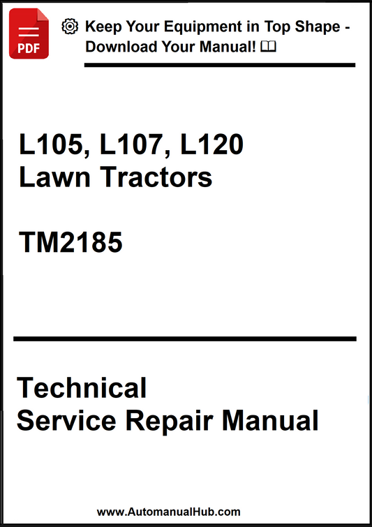 Technical service repair manual for L105, L107, L120 lawn tractors with a download offer.