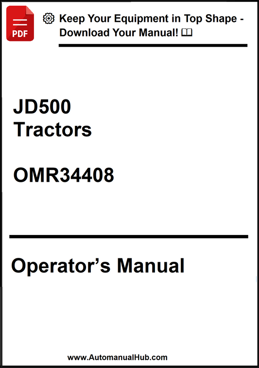 Operator's manual for JD500 Tractors with a download prompt on a white background