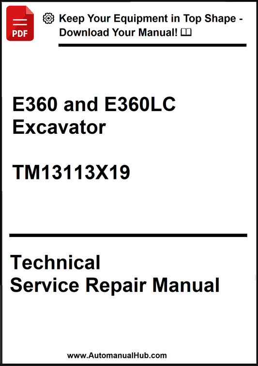 Technical service repair manual for E360 and E360LC excavator with a download offer.
