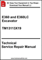 Technical service repair manual for E360 and E360LC excavator with a download offer.