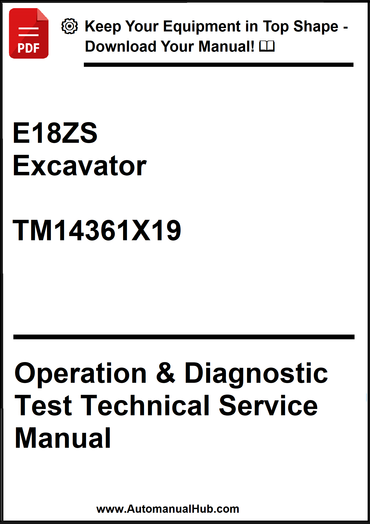 Technical service manual for E18ZS Excavator with a download prompt on a white background
