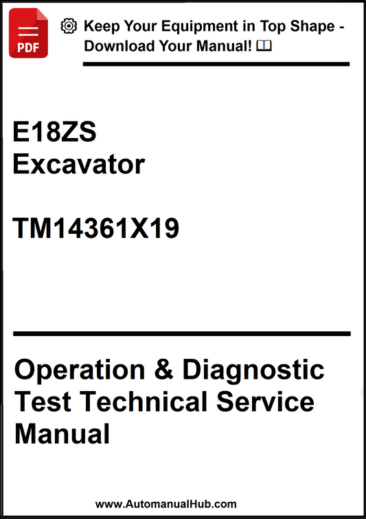 Technical service manual for E18ZS Excavator with a download prompt on a white background