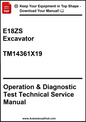 Technical service manual for E18ZS Excavator with a download prompt on a white background