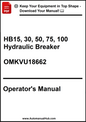 Operator's manual for HB15, 30, 50, 75, 100 Hydraulic Breaker model OMKVU18662 on a white background.
