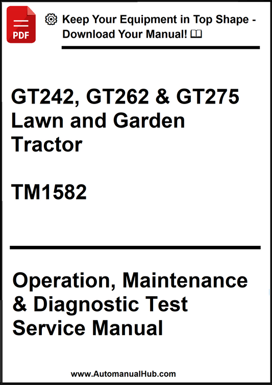Manual for GT242, GT262 & GT275 lawn and garden tractors with a download offer.