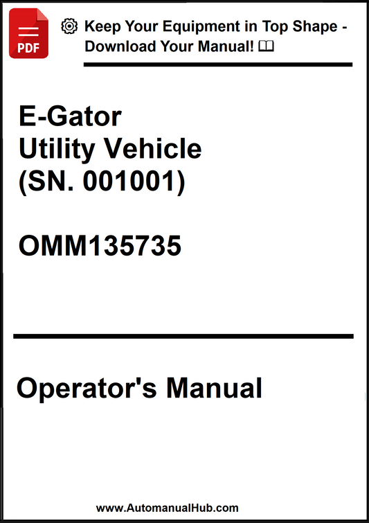 Operator's manual for E-Gator Utility Vehicle with model number OMM135735 on a white background.
