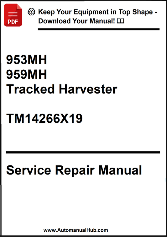 Service repair manual for 953MH and 959MH tracked harvesters with a download offer on a white background.