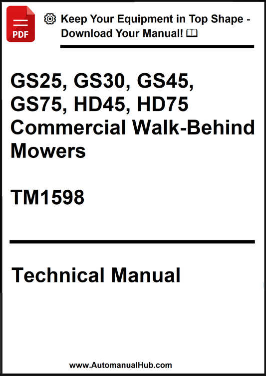 Technical manual cover for commercial walk-behind mowers with model numbers and TM1598 reference.