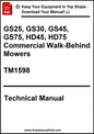 Technical manual cover for commercial walk-behind mowers with model numbers and TM1598 reference.