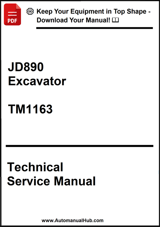 Technical service manual for JD890 Excavator model TM1163 on a white background