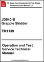 Technical manual cover for JD540-B Grapple Skidder TM1139 with a download prompt.