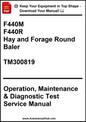 Manual for F440M and F440R hay and forage round baler with contact information for downloading the manual.