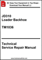 Technical Service Repair Manual for JD310 Loader Backhoe model TM1036 on a white background