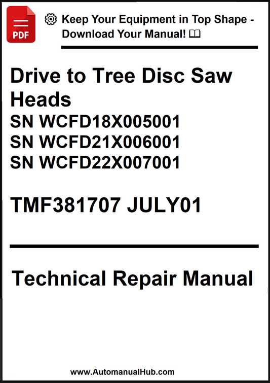 Technical repair manual for drive to tree disc saw heads with serial numbers and publication details.