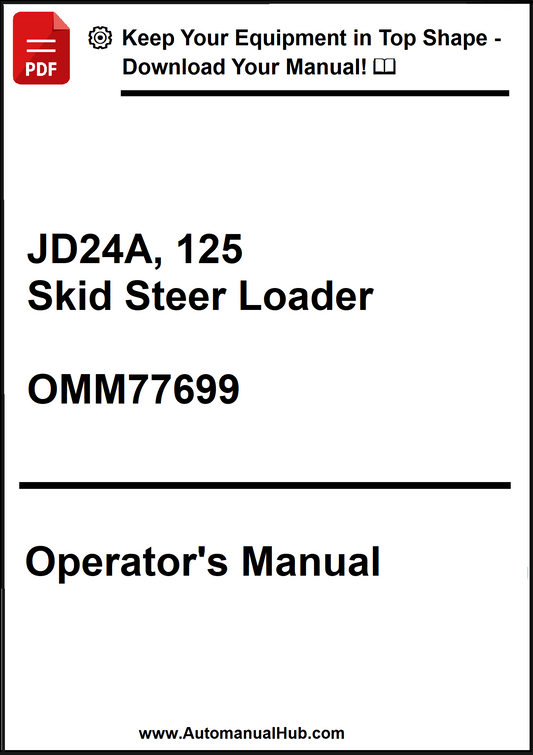 Operator's manual for JD24A, 125 Skid Steer Loader with a download prompt at the top.
