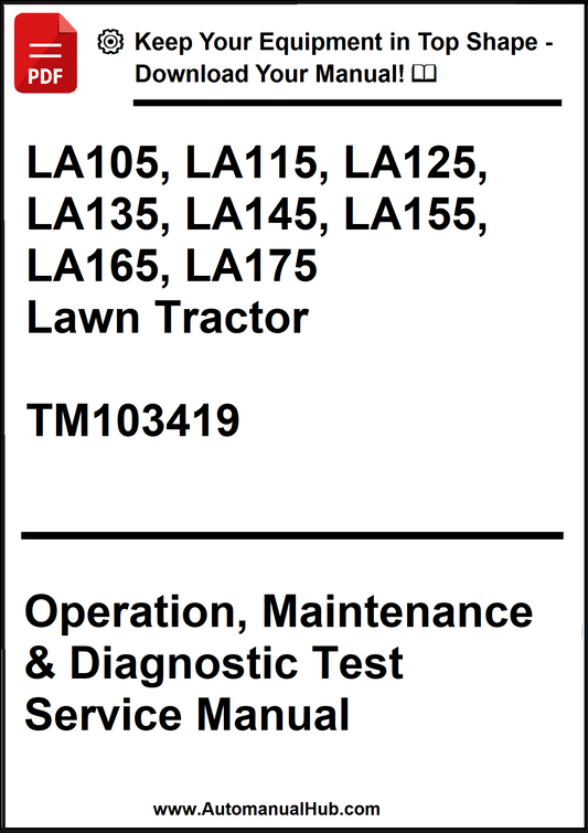 Manual cover for LA105 to LA175 lawn tractor with operation, maintenance, and diagnostic test service details.