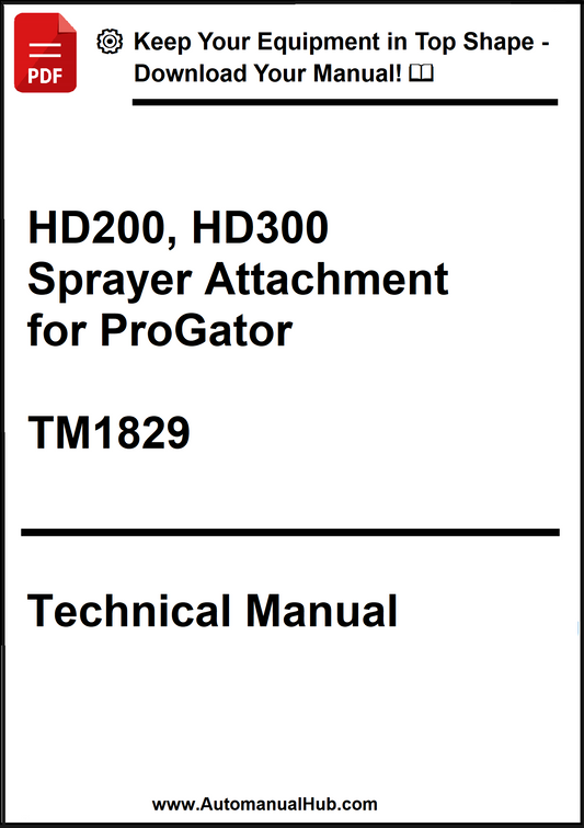 Technical manual for HD200, HD300 Sprayer Attachment for ProGator with visible branding and text.
