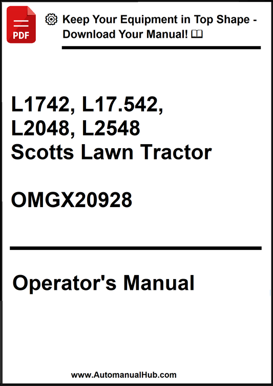 Operator's manual for Scotts lawn tractors L1742, L17.542, L2048, L2548 on a white background.