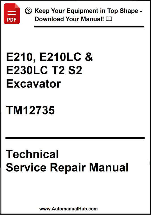 Technical service repair manual for E210, E210LC, and E230LC T2 S2 excavator model TM12735 on a white background.