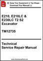Technical service repair manual for E210, E210LC, and E230LC T2 S2 excavator model TM12735 on a white background.