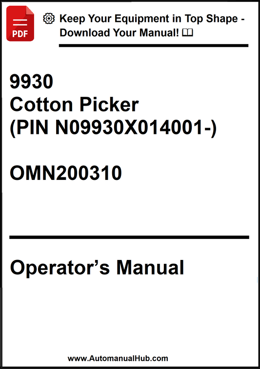 Operator's manual for a cotton picker with contact information and website URL.