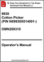 Operator's manual for a cotton picker with contact information and website URL.