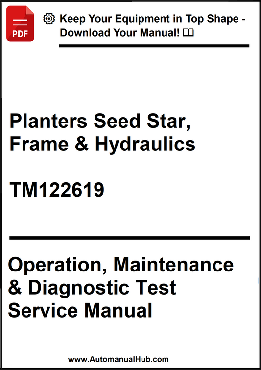 Manual cover for 'Planters Seed Star, Frame & Hydraulics' with text and a download button.