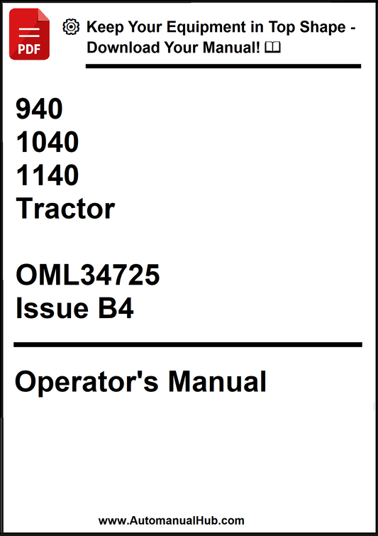Operator's manual for 940, 1040, 1140 tractors with a download prompt at the top.