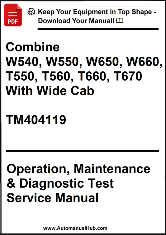 Manual cover for John Deere combine equipment with text and branding.