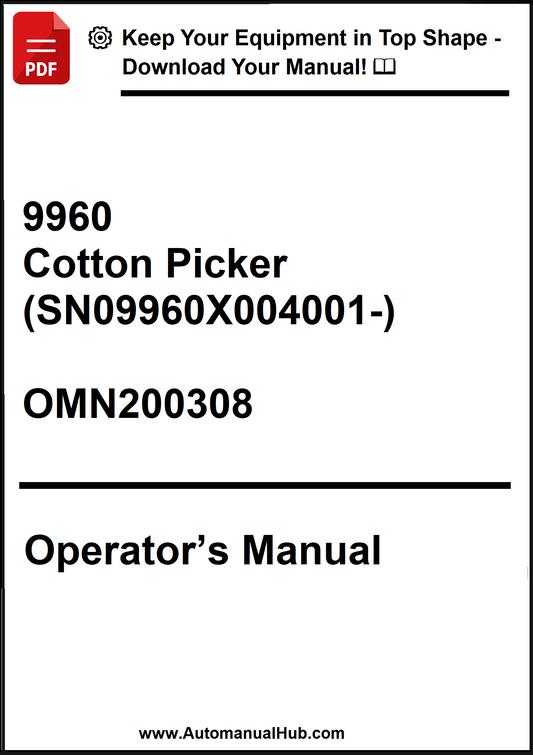 Operator's manual for a cotton picker with model number 9960 and SN09960X004001.