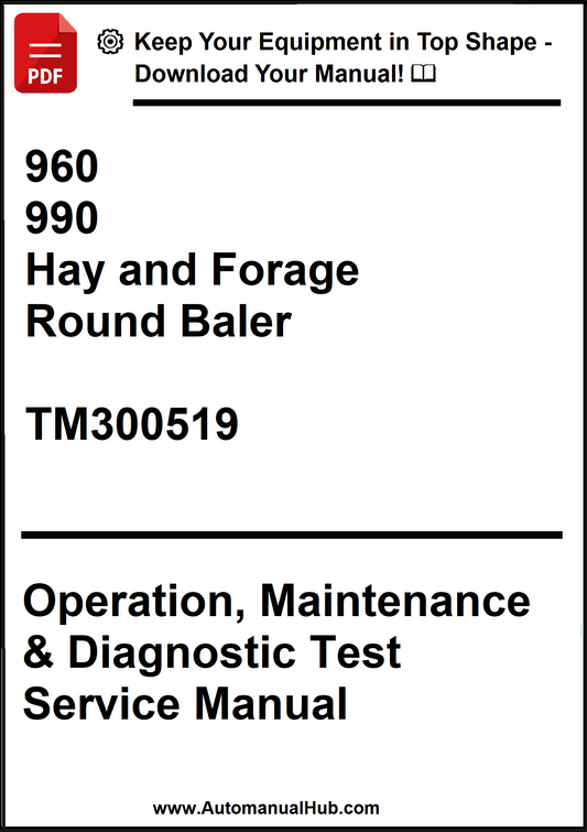 Manual cover for 960 and 990 Hay and Forage Round Baler with technical details.