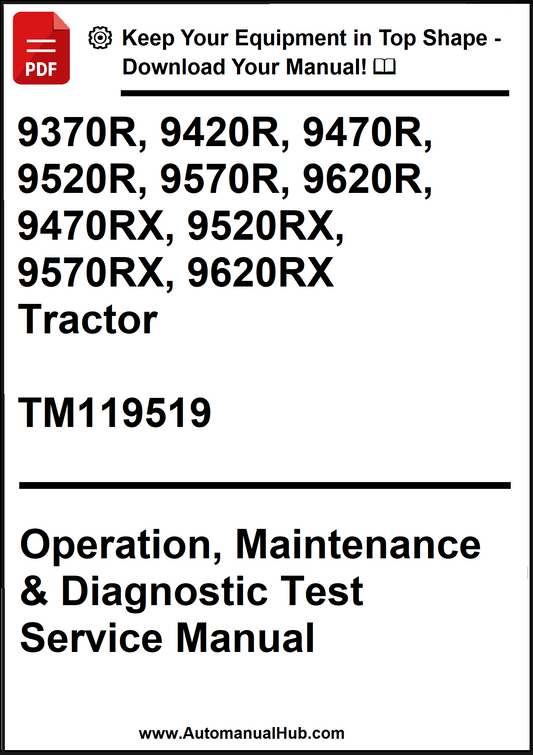 Manual cover for tractor operation, maintenance, and diagnostic test service manual with model numbers listed.