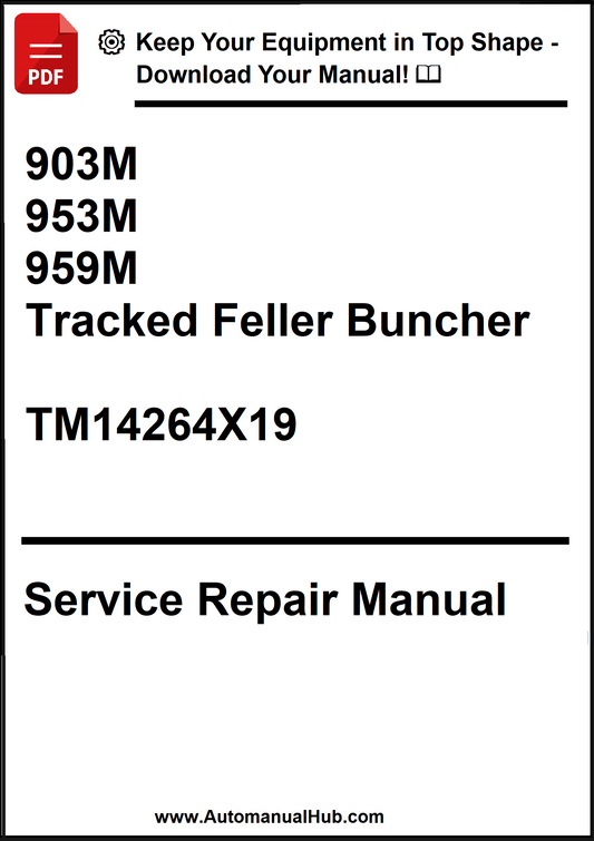 Service repair manual for tracked feller buncher models 903M, 953M, and 959M on a white background.