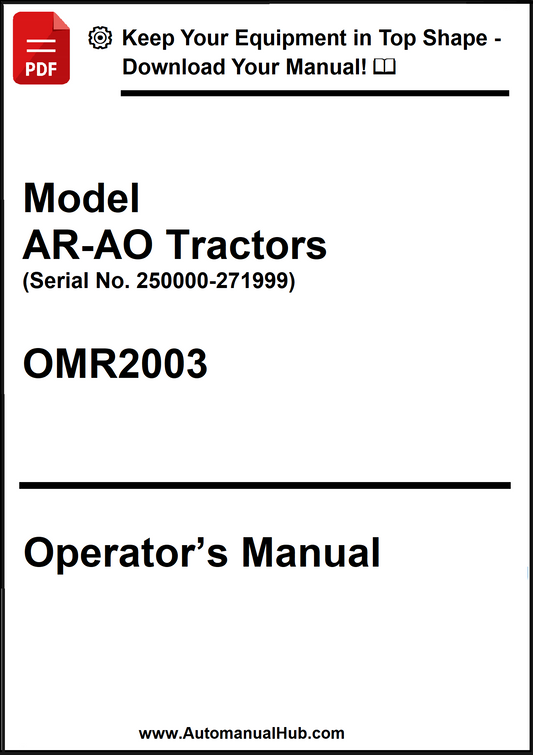 Operator's manual for Model AR-AO Tractors with serial number range on a white background.