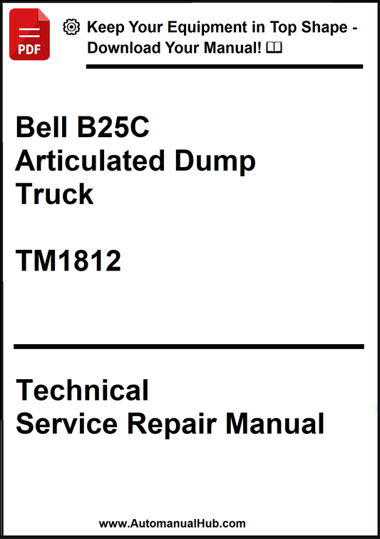 Technical service repair manual for Bell B25C articulated dump truck with a download offer.
