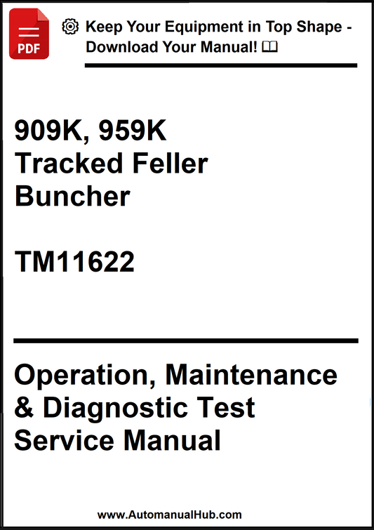 Manual cover for 909K and 959K tracked feller buncher with text on a white background