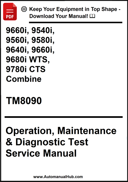 Manual cover for agricultural equipment service manual with model numbers and publication details.