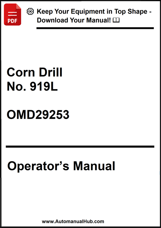 Operator's manual for Corn Drill No. 919L with a download prompt on a white background.