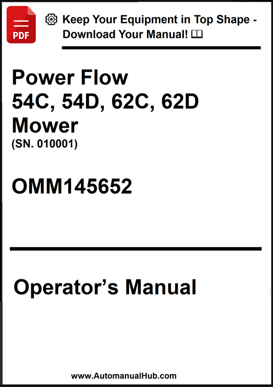 Operator's manual for Power Flow mower models 54C, 54D, 62C, 62D with a download prompt.