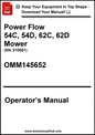 Operator's manual for Power Flow mower models 54C, 54D, 62C, 62D with a download prompt.