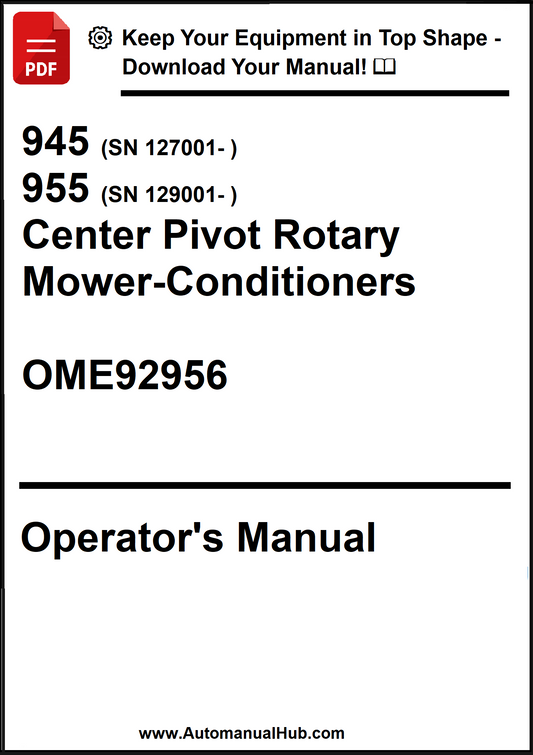 Operator's manual for center pivot rotary mower-conditioners with contact information.