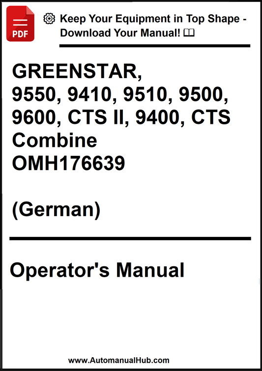 Operator's manual cover for Greenstar combines in German with a download prompt.